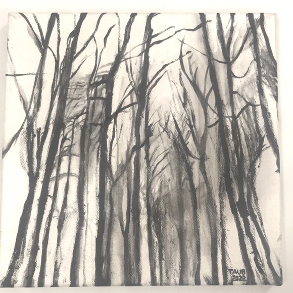 Art painting wall decor tree landscape black & white acrylic canvas 12x12 inches - Picture 1 of 6